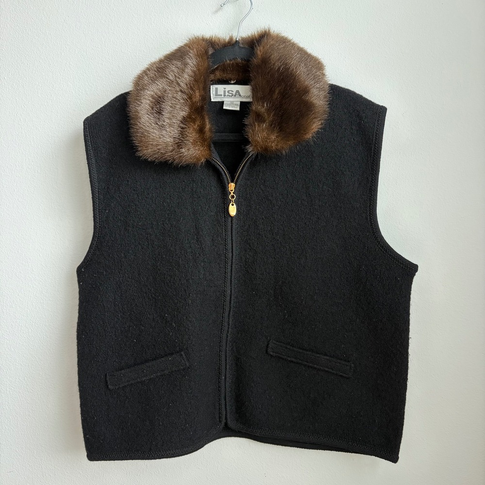 Lisa International Black Boiled Wool Vest Removable Faux Fur Collar XL